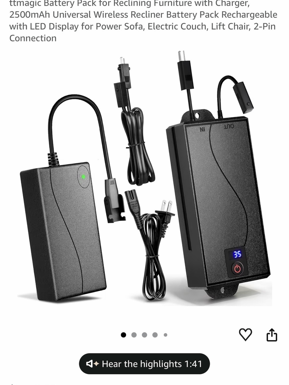 Battery Pack for Reclining Furniture w/ charger, 2500 mAh Universal-Wireless